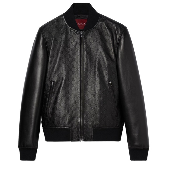 Gucci Black Embossed Leather Bomber Jacket